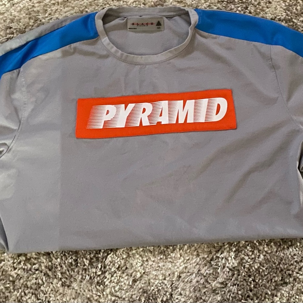 Black Pyramid Gray and Blue Tee with Red Accent
